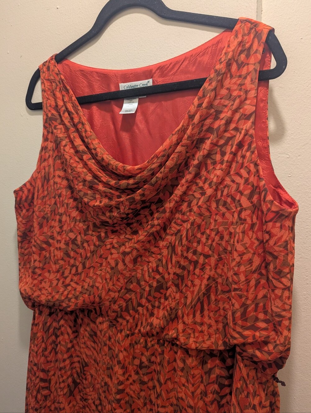 Coldwater Creek Cowl Neck Sleeveless Silk Dress Burnt Orange Leaf Pattern - 16 - Picture 5 of 12